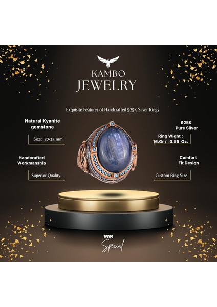 925 Ayar Gümüş Yüzük, Doğal Kyanit Taşı ile El Yapımı Erkek Yüzük, Vintage Tasarım fiyatları