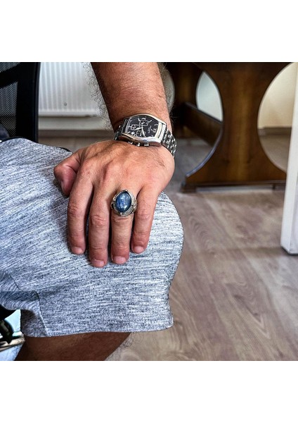 925 Ayar Gümüş Yüzük, Doğal Kyanit Taşı ile El Yapımı Erkek Yüzük, Vintage Tasarım modelleri