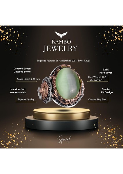 925 Ayar Gümüş Erkek Yüzük - Açık Yeşil Kedi Gözünden Üretilmiş Taş - Aslan Sembolü El Yapımı Yüzük fiyatları