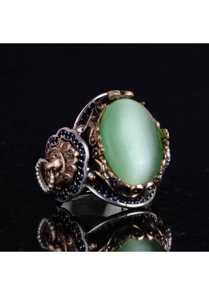 925 Ayar Gümüş Erkek Yüzük - Açık Yeşil Kedi Gözünden Üretilmiş Taş - Aslan Sembolü El Yapımı Yüzük indirimleri