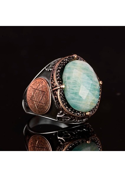 Doğal Amazonit Taşlı Yüzük, Süleyman'ın Mührü Yüzüğü - 925 Ayar Gümüş Yüzük Erkekler Için fırsatları
