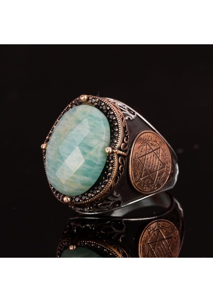 Doğal Amazonit Taşlı Yüzük, Süleyman'ın Mührü Yüzüğü - 925 Ayar Gümüş Yüzük Erkekler Için indirimleri