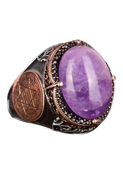 Doğal Ametist Taşlı Yüzük, Süleyman Mührü Yüzüğü - Spiritüel 925K Katı Gümüş Erkek Yüzüğü