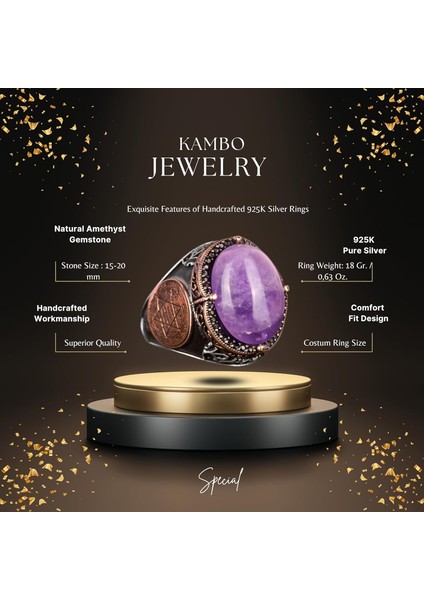 Doğal Ametist Taşlı Yüzük, Süleyman Mührü Yüzüğü - Spiritüel 925K Katı Gümüş Erkek Yüzüğü fiyatları