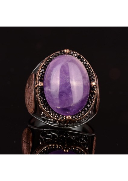Doğal Ametist Taşlı Yüzük, Süleyman Mührü Yüzüğü - Spiritüel 925K Katı Gümüş Erkek Yüzüğü fırsatları