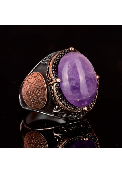Doğal Ametist Taşlı Yüzük, Süleyman Mührü Yüzüğü - Spiritüel 925K Katı Gümüş Erkek Yüzüğü indirimleri