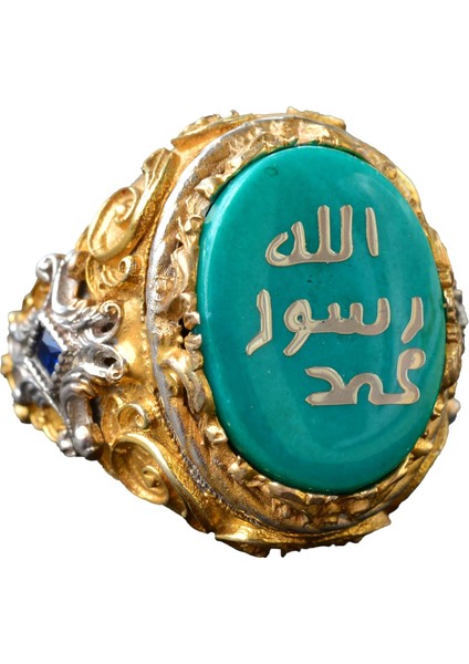 Erkekler Için Gümüş Islami Yüzük - Müslüman Dini Hediye, Altın Kaplama, Yeşil Taş