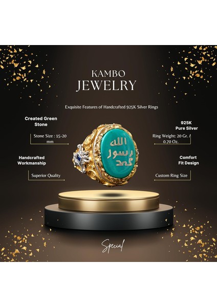 Erkekler Için Gümüş Islami Yüzük - Müslüman Dini Hediye, Altın Kaplama, Yeşil Taş fiyatları
