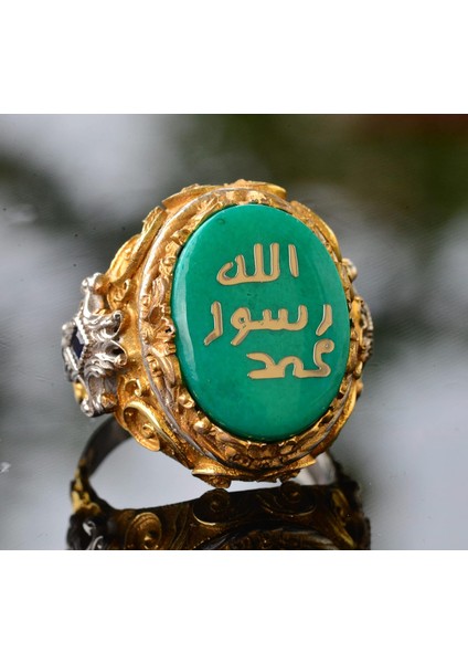 Erkekler Için Gümüş Islami Yüzük - Müslüman Dini Hediye, Altın Kaplama, Yeşil Taş modelleri