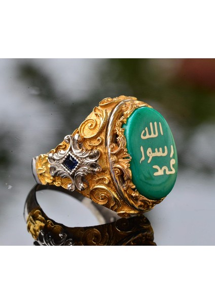 Erkekler Için Gümüş Islami Yüzük - Müslüman Dini Hediye, Altın Kaplama, Yeşil Taş fırsatları