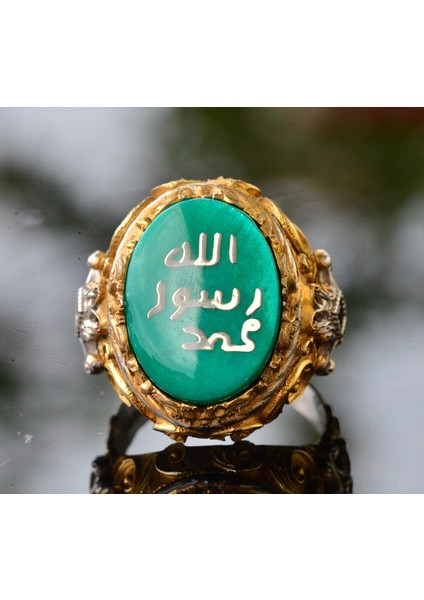 Erkekler Için Gümüş Islami Yüzük - Müslüman Dini Hediye, Altın Kaplama, Yeşil Taş indirimleri