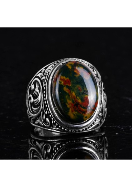 Doğal Yeşil Kan Taşı Yüzük - 925 Ayar Sterling Gümüş Yüzük Erkekler Için, Farklı Yüzük fırsatları
