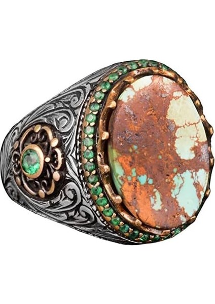 Erkekler Için El Yapımı Doğal Arizona Turkuaz Taş Yüzük, 925 Ayar Gümüş Yüzük, Sultan Yüzüğü (Model-11)