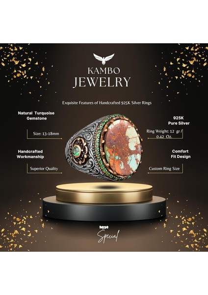 Erkekler Için El Yapımı Doğal Arizona Turkuaz Taş Yüzük, 925 Ayar Gümüş Yüzük, Sultan Yüzüğü (Model-11) fiyatları