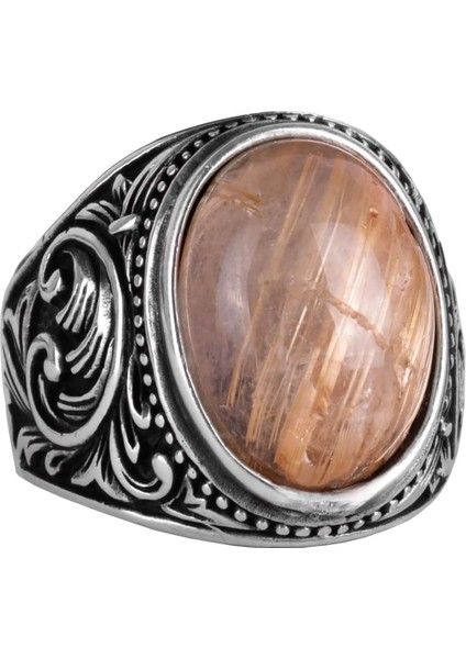 925 Ayar Katı Gümüş Erkek Yüzük, Doğal Cabochon Altın Rutilat Kuvars Taşı Yüzük, Tasarım Gümüş Erkek Yüzük