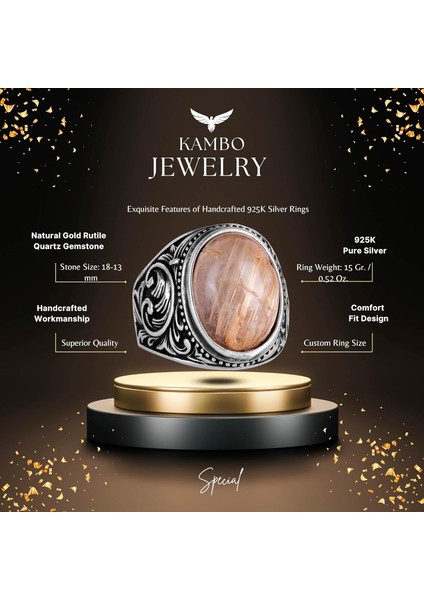 925 Ayar Katı Gümüş Erkek Yüzük, Doğal Cabochon Altın Rutilat Kuvars Taşı Yüzük, Tasarım Gümüş Erkek Yüzük fiyatları