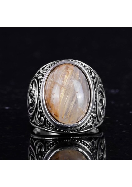 925 Ayar Katı Gümüş Erkek Yüzük, Doğal Cabochon Altın Rutilat Kuvars Taşı Yüzük, Tasarım Gümüş Erkek Yüzük modelleri