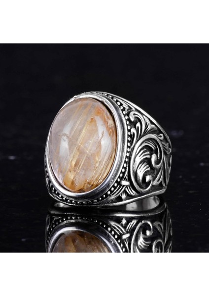 925 Ayar Katı Gümüş Erkek Yüzük, Doğal Cabochon Altın Rutilat Kuvars Taşı Yüzük, Tasarım Gümüş Erkek Yüzük fırsatları