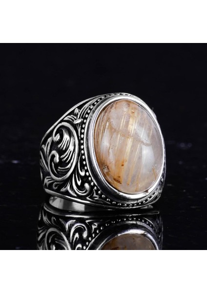 925 Ayar Katı Gümüş Erkek Yüzük, Doğal Cabochon Altın Rutilat Kuvars Taşı Yüzük, Tasarım Gümüş Erkek Yüzük indirimleri