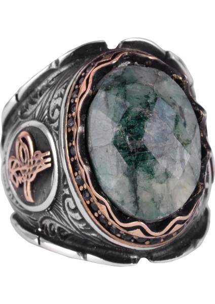 Osmanlı Tuğra Zümrüt Yapay Taş Yüzük, 925 Ayar Gümüş Yüzük