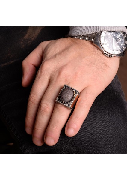 Doğal Hematit Taş Yüzük, 925 Ayar Sert Gümüş Erkek Yüzük, Islami Yüzük, El Yapımı Yüzük modelleri