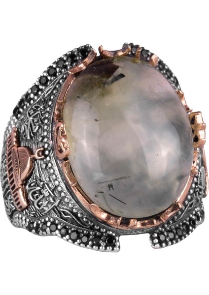 925 Ayar Katı Gümüş Erkek Yüzük, Cami Prehnit Taşlı Yüzük, El Yapımı Şıklık