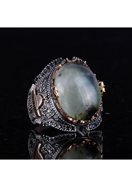 925 Ayar Katı Gümüş Erkek Yüzük, Cami Prehnit Taşlı Yüzük, El Yapımı Şıklık fiyatları