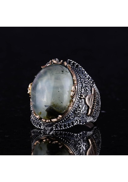 925 Ayar Katı Gümüş Erkek Yüzük, Cami Prehnit Taşlı Yüzük, El Yapımı Şıklık fırsatları