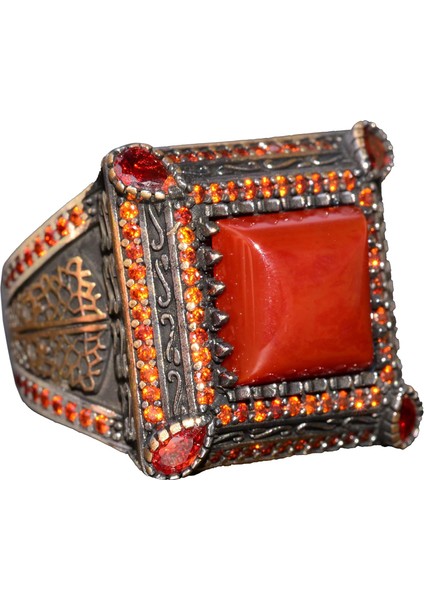 Doğal Kırmızı Akik Taş Yüzük - Gümüş Erkek Sultan Yüzüğü