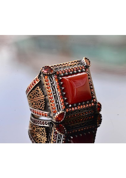 Doğal Kırmızı Akik Taş Yüzük - Gümüş Erkek Sultan Yüzüğü indirimleri