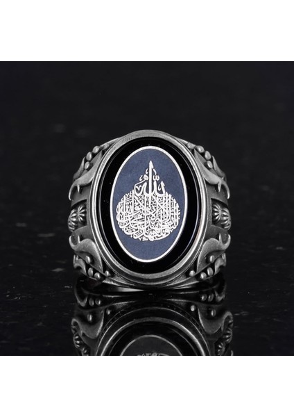 Gerçek Doğal Oniks Taşlı Gümüş Erkek Yüzük - Ayet-El Kursi Tasarım Yüzük - El Yapımı Islami Yüzük fırsatları