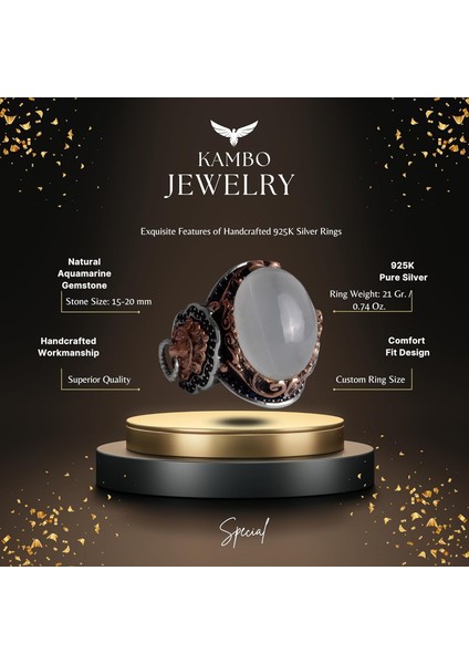 El Yapımı Aslan Cabochon Akuamarin Taş Yüzük, Hayvan Gümüş Yüzük - Sakin 925K Sert Gümüş Erkek Yüzük - Şeffaflık ve Sakin Tasarım fiyatları