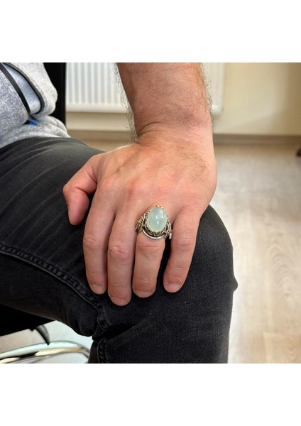 El Yapımı Aslan Cabochon Akuamarin Taş Yüzük, Hayvan Gümüş Yüzük - Sakin 925K Sert Gümüş Erkek Yüzük - Şeffaflık ve Sakin Tasarım modelleri