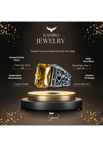 925 Ayar Gümüş Doğal Citrine Taşlı Erkek Gümüş Yüzük, Citrine Taşlı Erkek Yüzüğü, El Yapımı Oymalı Erkek Gümüş Yüzük, Türk Gümüş Yüzüğü, Sarı fiyatları