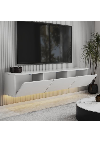 T0020 Alston 3 Kapaklı Duvara Monte Tv Ünitesi – LED Işıklı, Modern Tasarım, 160 cm