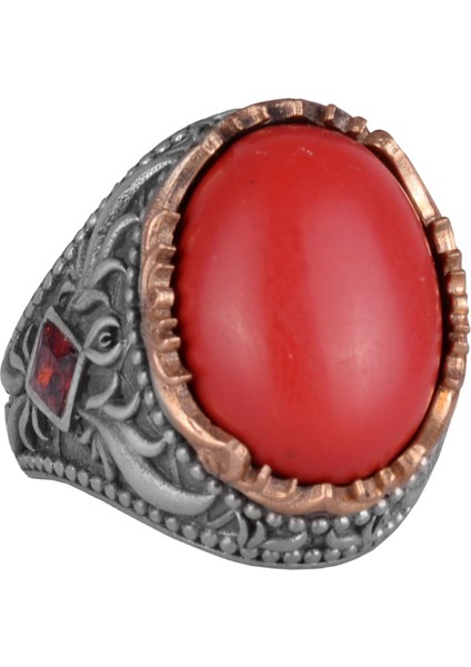 Yapay Taş Yüzük - El Yapımı Erkek Yüzüğü - Şık 925 Ayar Gümüş Erkek Takısı (Yapay Mercan)