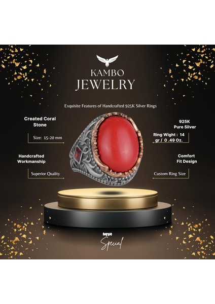 Yapay Taş Yüzük - El Yapımı Erkek Yüzüğü - Şık 925 Ayar Gümüş Erkek Takısı (Yapay Mercan) fiyatları