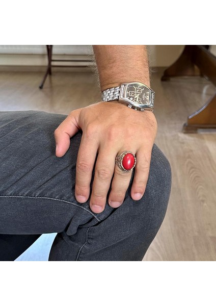 Yapay Taş Yüzük - El Yapımı Erkek Yüzüğü - Şık 925 Ayar Gümüş Erkek Takısı (Yapay Mercan) modelleri