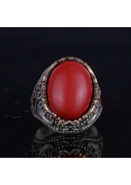 Yapay Taş Yüzük - El Yapımı Erkek Yüzüğü - Şık 925 Ayar Gümüş Erkek Takısı (Yapay Mercan) fırsatları