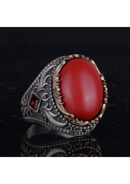 Yapay Taş Yüzük - El Yapımı Erkek Yüzüğü - Şık 925 Ayar Gümüş Erkek Takısı (Yapay Mercan) indirimleri