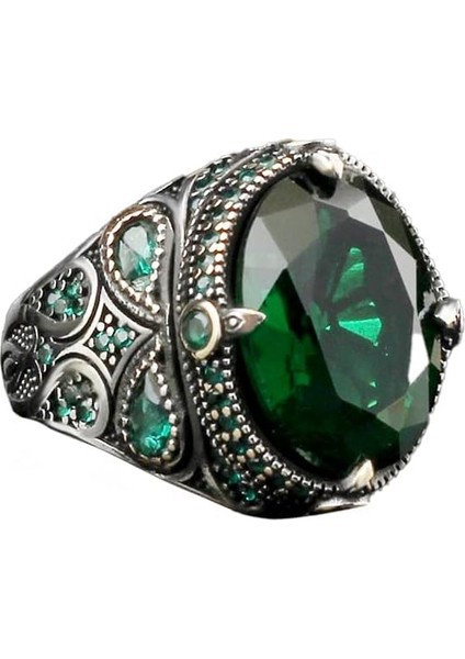 El Yapımı 925 Ayar Gümüş Erkek Yüzük, Yeşil Zirkon Taşı, Şık Bant Tasarımı, Zarif Erkek Takısı