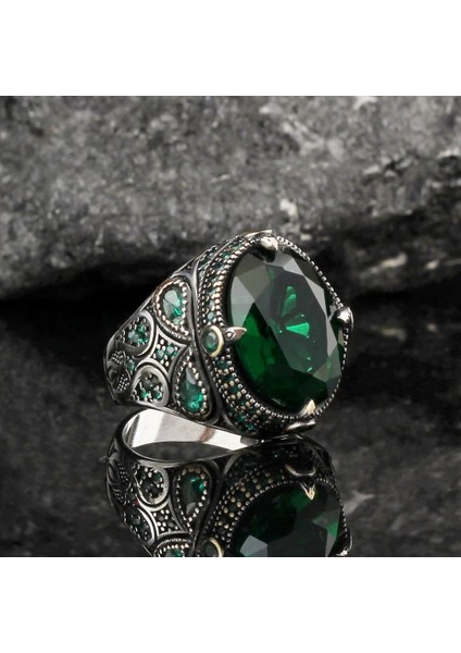 El Yapımı 925 Ayar Gümüş Erkek Yüzük, Yeşil Zirkon Taşı, Şık Bant Tasarımı, Zarif Erkek Takısı fiyatları