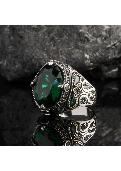 El Yapımı 925 Ayar Gümüş Erkek Yüzük, Yeşil Zirkon Taşı, Şık Bant Tasarımı, Zarif Erkek Takısı modelleri