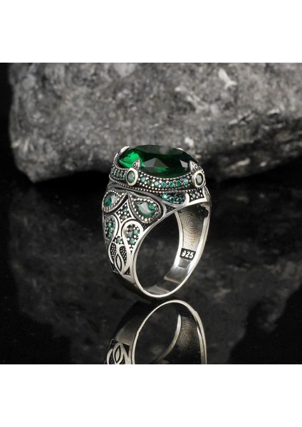 El Yapımı 925 Ayar Gümüş Erkek Yüzük, Yeşil Zirkon Taşı, Şık Bant Tasarımı, Zarif Erkek Takısı fırsatları