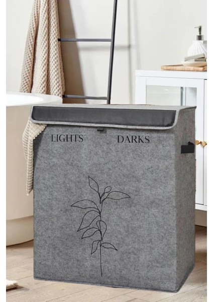 Iki Bölmeli Dekoratif Keçe Deri Detaylı Kapaklı Kirli- Temiz Çamaşır Sepeti, 53X33X60CM