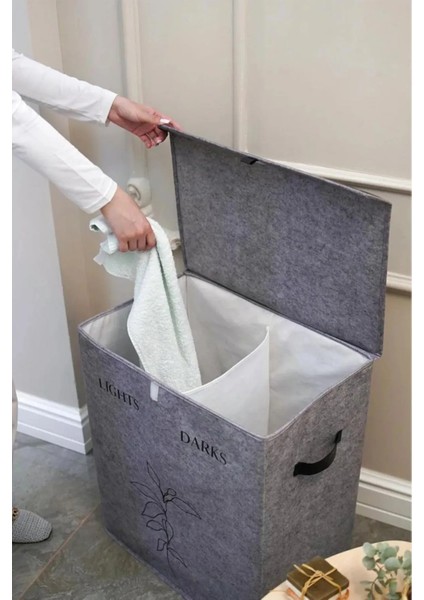Iki Bölmeli Dekoratif Keçe Deri Detaylı Kapaklı Kirli- Temiz Çamaşır Sepeti, 53X33X60CM fiyatları