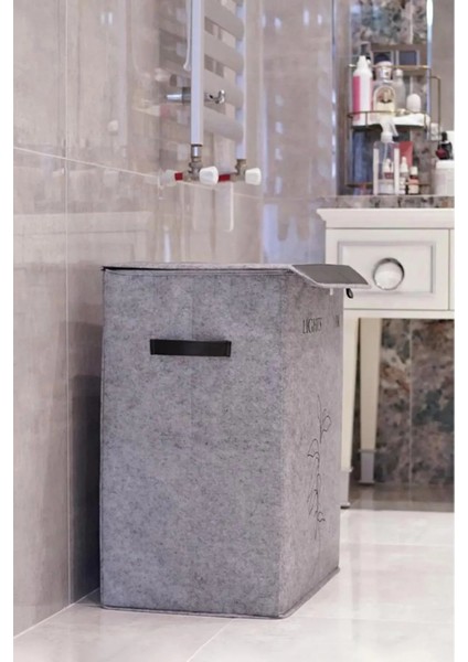 Iki Bölmeli Dekoratif Keçe Deri Detaylı Kapaklı Kirli- Temiz Çamaşır Sepeti, 53X33X60CM modelleri