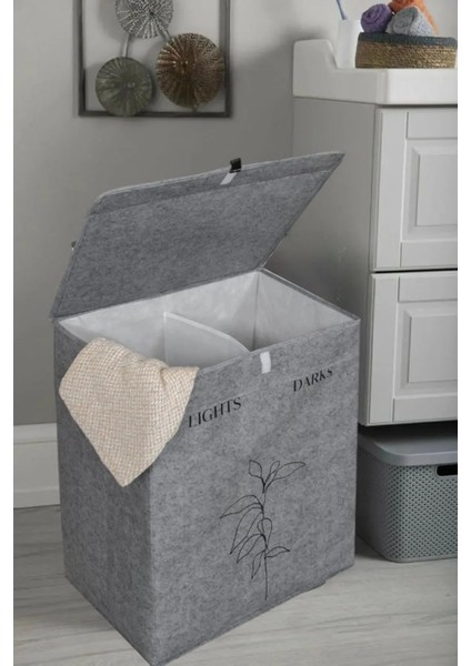 Iki Bölmeli Dekoratif Keçe Deri Detaylı Kapaklı Kirli- Temiz Çamaşır Sepeti, 53X33X60CM fırsatları