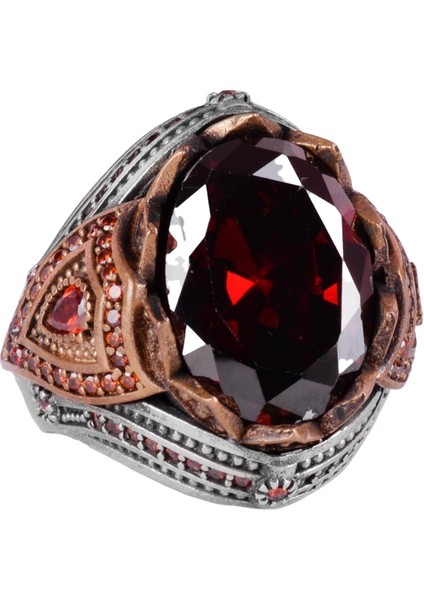 925 Ayar Gümüş Yüzük - Yapay Taş Yüzük - El Yapımı Şık Yüzük (Yapay Granat)