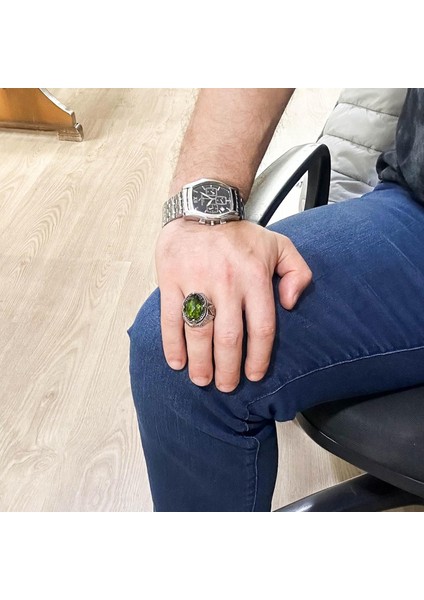Peridot Taşlı Yüzük, 925 Ayar Gümüş Yüzük, Şık El Yapımı Gümüş Erkek Yüzüğü